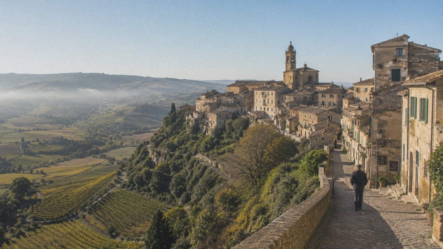 Un village perché italien dominant une vallée cultivée, avec ses maisons regroupées autour d'un clocher.
