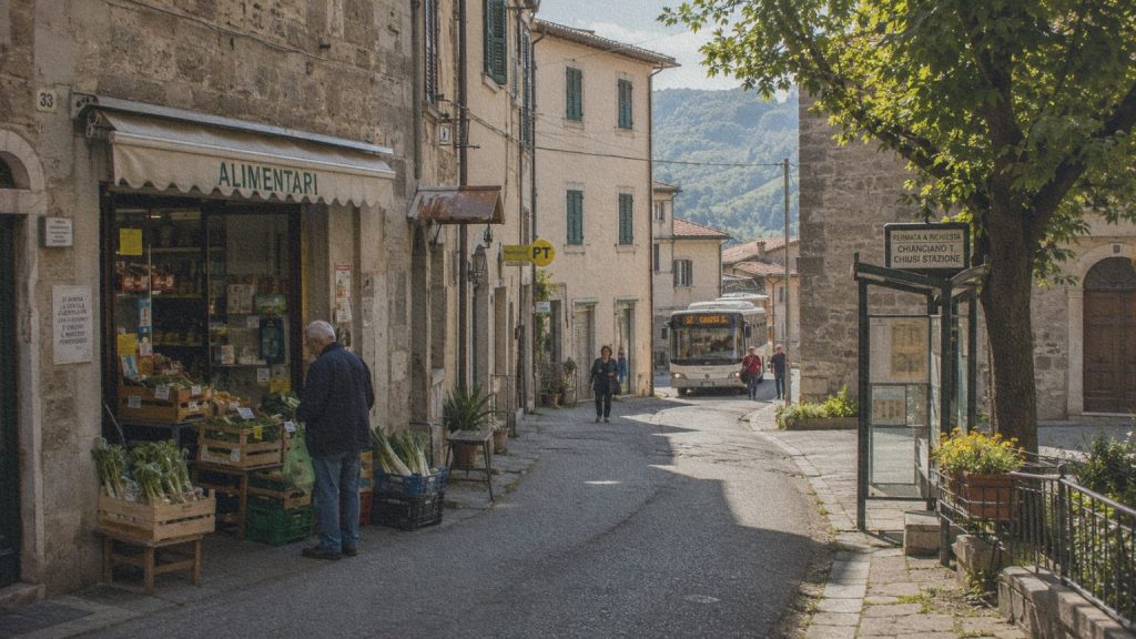 Petite rue d'un village italien avec un commerce de proximité, un arrêt de transport et des habitants dans leur vie quotidienne.