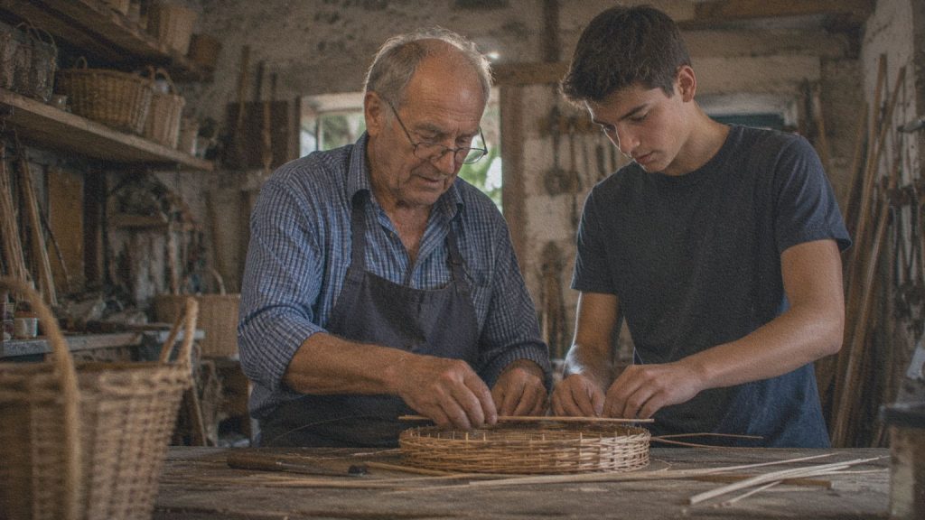 Deux générations travaillant ensemble dans un atelier ou une activité locale d'un village italien.