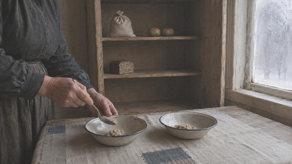 Des mains partagent une petite quantité de nourriture dans deux bols devant un garde-manger presque vide.
