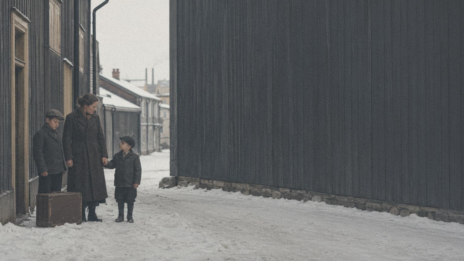 la-ou-nous-avons-existe-brynas-hiver-1935 Une mère et ses deux garçons attendent avec une valise dans une rue ouvrière enneigée de Gävle en 1935.