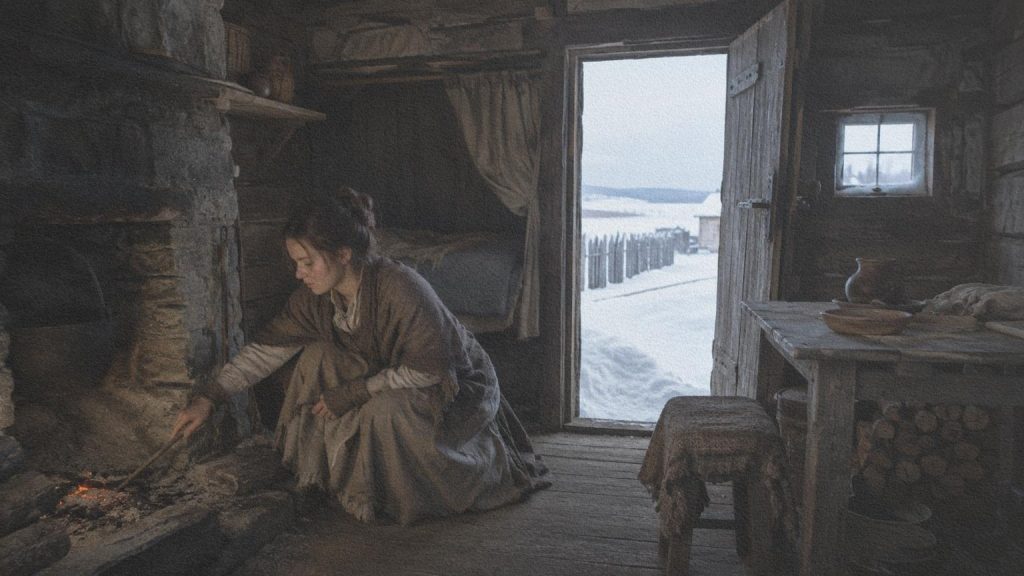 Jeune femme entretenant seule le feu d’une cabane pendant un hiver de Nouvelle-France.