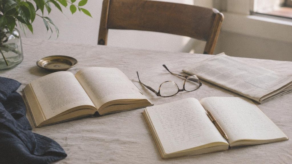 Livre ouvert, journal et carnet réunis sur une table éclairée par la lumière du matin.