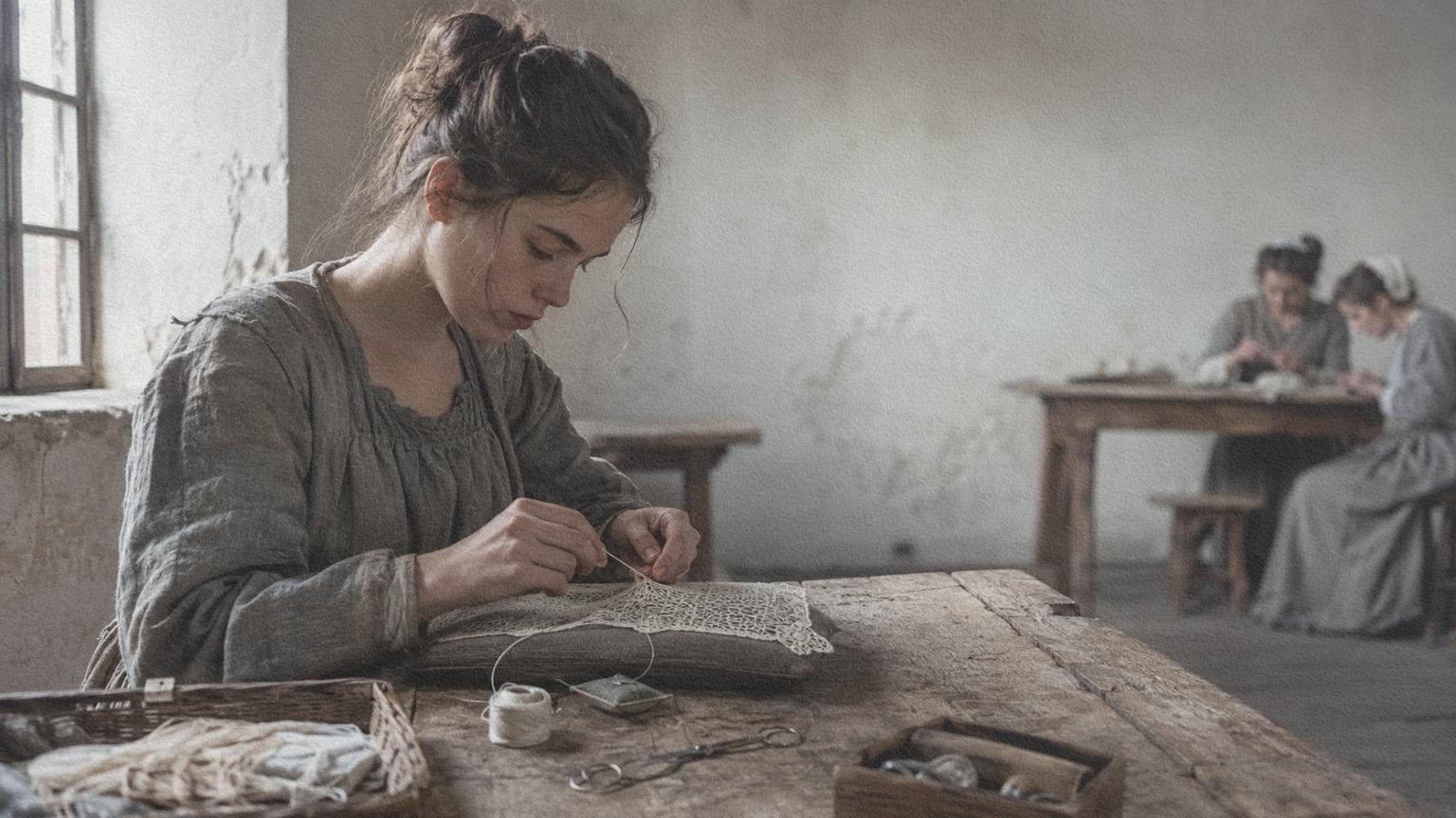 Jeune dentellière travaillant à la lumière d’une fenêtre dans un atelier institutionnel parisien du XVIIe siècle.