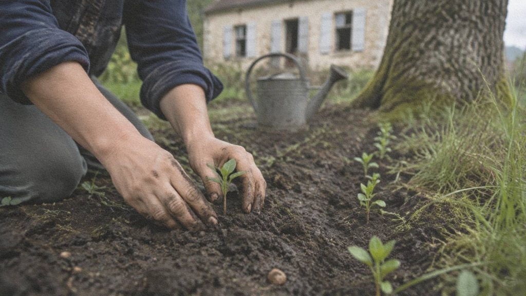 Mains d’une femme plantant une jeune pousse dans la terre humide d’un jardin en cours de restauration.