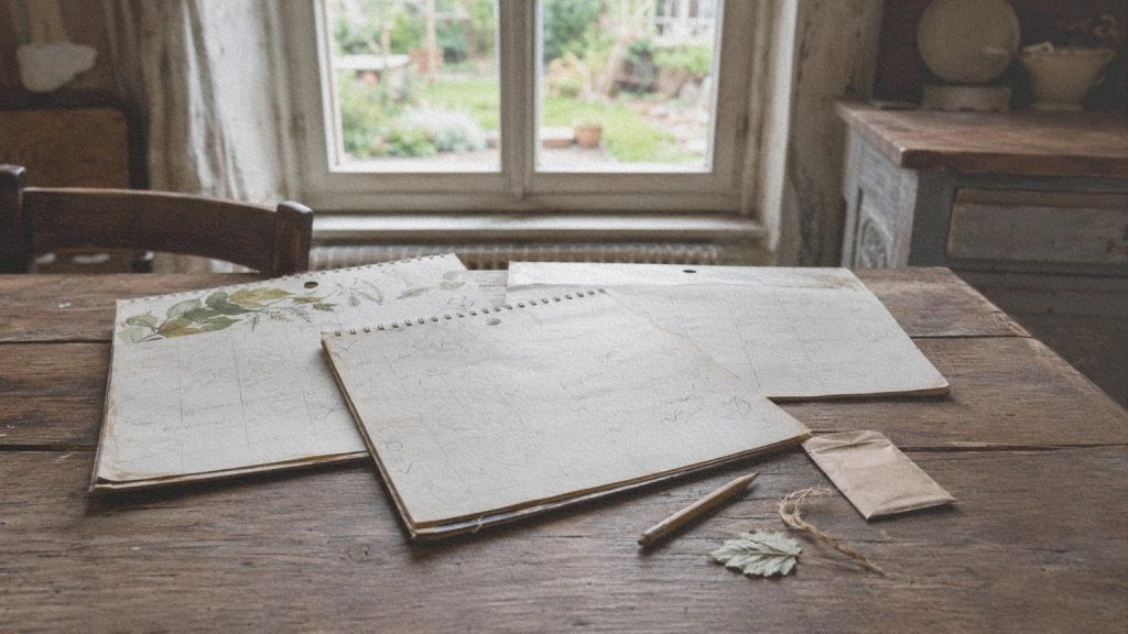 Anciens calendriers horticoles annotés posés sur la table d’une cuisine donnant sur un jardin.