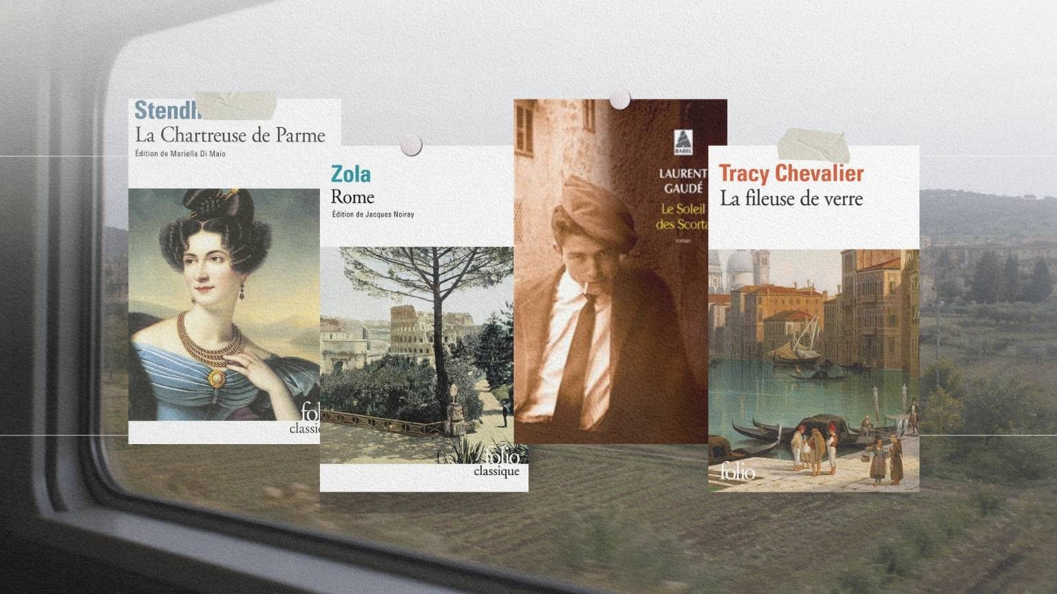 Couvertures de La Chartreuse de Parme, Rome, Le Soleil des Scorta et La Fileuse de verre sur un paysage italien vu du train.