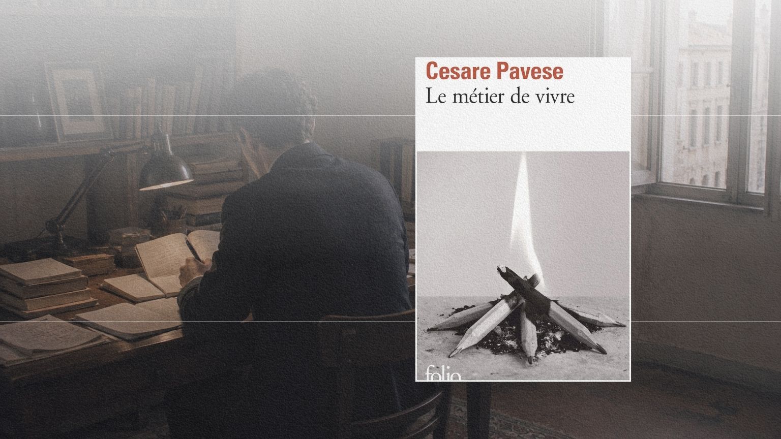 Écrivain travaillant à son bureau dans le Turin des années 1930-1940, en écho au journal de Cesare Pavese.