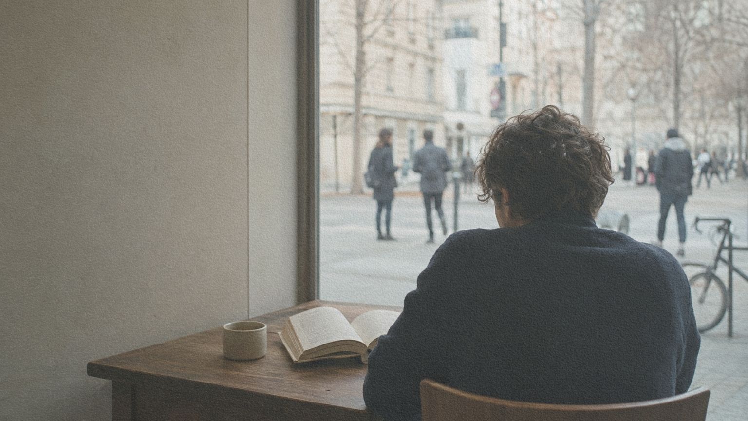 Personne assise devant un livre ouvert, près d’une fenêtre donnant sur la vie quotidienne.