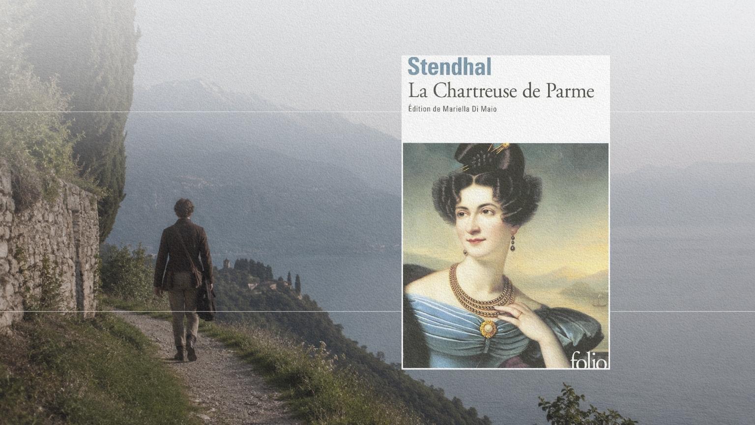Jeune voyageur dans un paysage du lac de Côme au début du XIXe siècle, évoquant Fabrice del Dongo dans La Chartreuse de Parme.