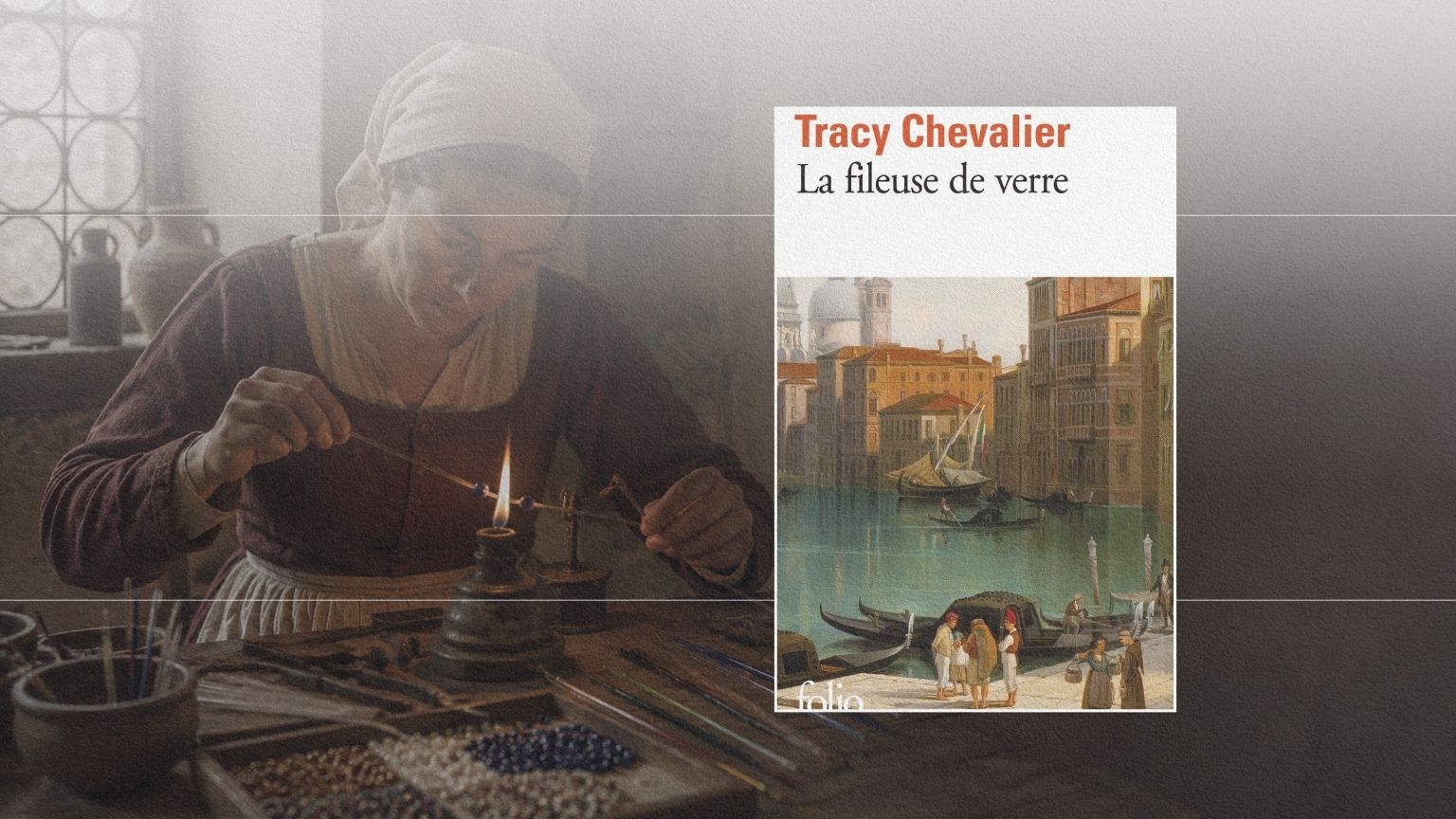 Femme fabriquant une perle de verre à la flamme dans un atelier de Murano, en écho à Orsola dans La Fileuse de verre.