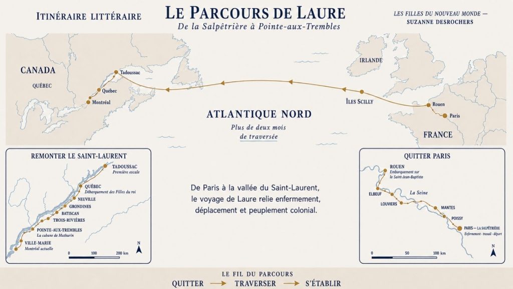 Carte du parcours de Laure entre Paris, Rouen, l’Atlantique nord et les établissements de Nouvelle-France.