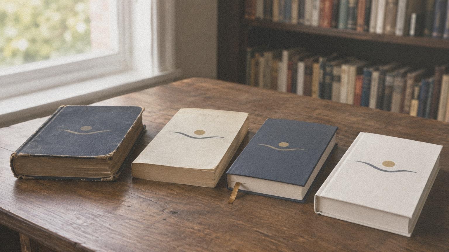 Quatre éditions successives d’un même livre disposées sur une table de bibliothèque
