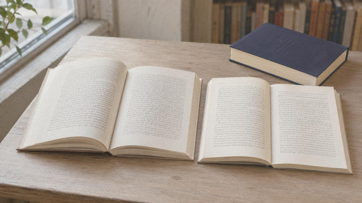 Deux traductions fictives d’un même roman ouvertes côte à côte près de l’édition originale