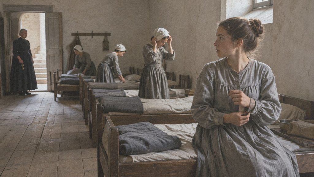 Jeunes femmes se préparant sous la surveillance d’une officière dans un dortoir de la Salpêtrière au XVIIe siècle.