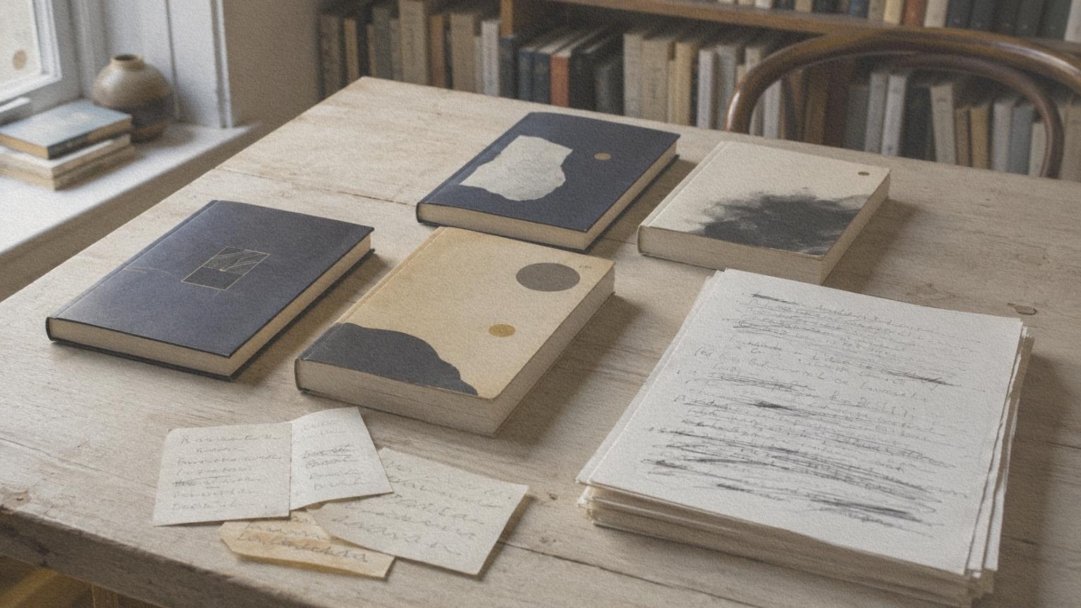 Livres, manuscrit annoté et notes de lecture sur une table d’éditeur