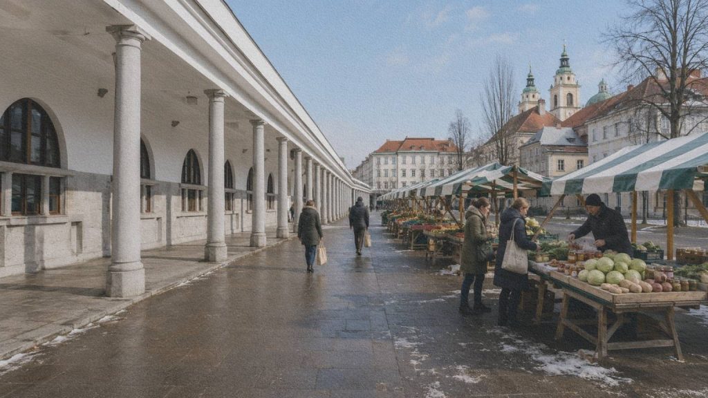 Habitants faisant leurs achats sous les colonnades du marché central de Ljubljana en hiver.