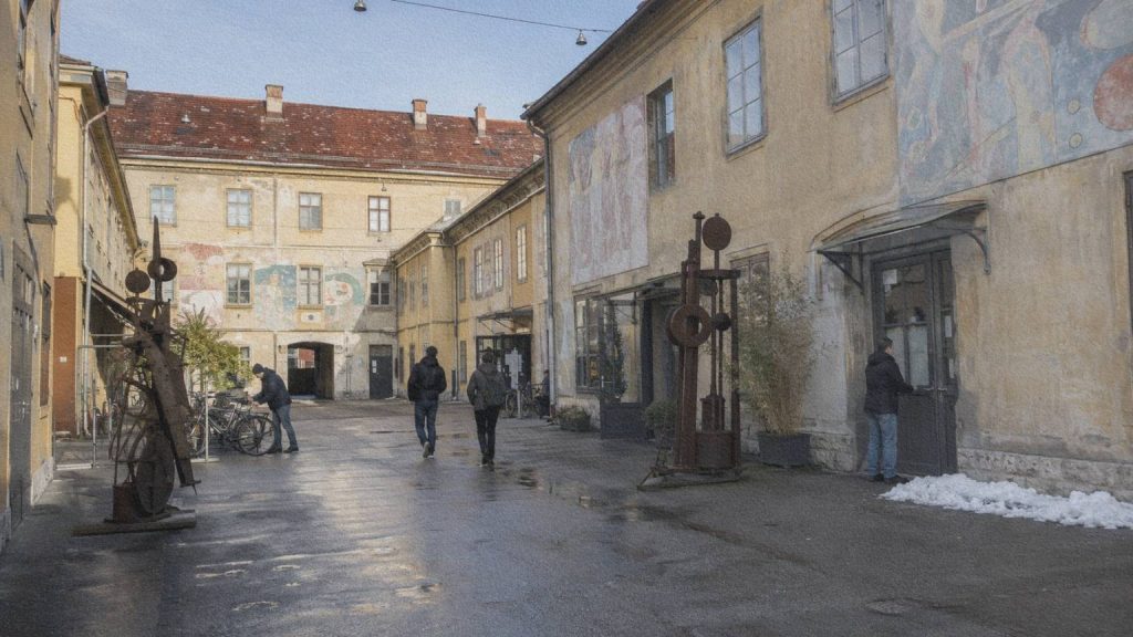 Cour de l’ancien complexe militaire de Metelkova occupée par des ateliers et des créations artistiques en hiver.