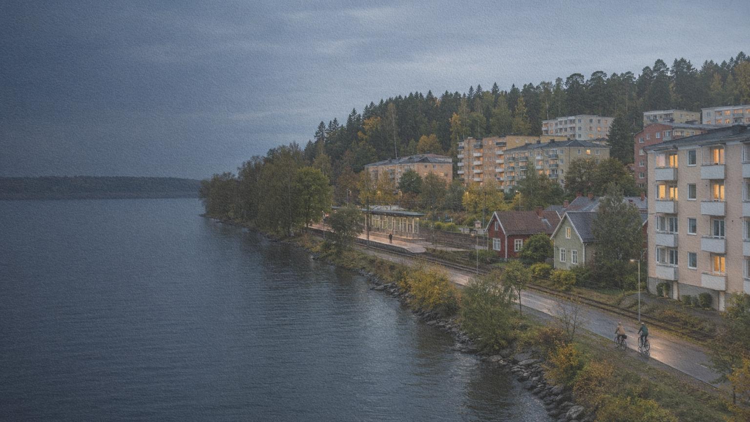 Ville suédoise au bord de l’eau, entre voie ferrée, maisons habitées et lisière forestière au début de l’automne.