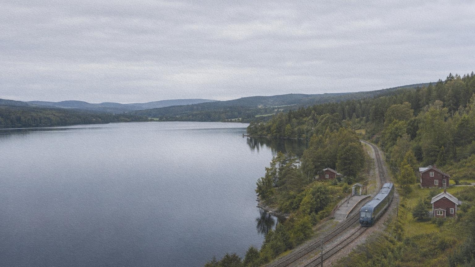 Train régional longeant un lac entre les forêts et les maisons rouges du Hälsingland.
