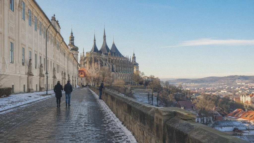 Promeneurs près du collège des Jésuites face à la cathédrale Sainte-Barbe de Kutná Hora en hiver.