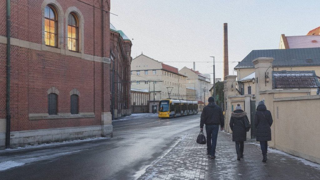 Tramway et passants près des bâtiments historiques de la brasserie Pilsner Urquell à Plzeň en hiver.