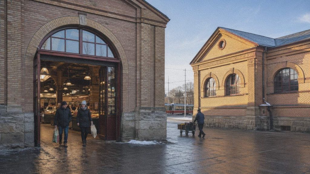 Clients quittant une halle du marché de Holešovice installé dans les anciens abattoirs municipaux de Prague.
