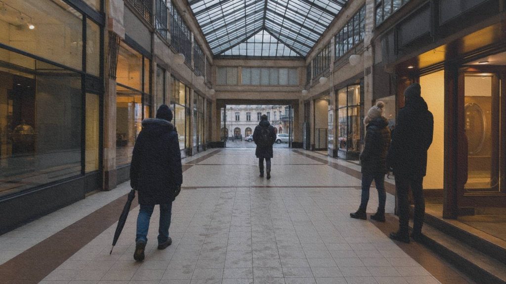 Passants traversant le passage Lucerna dans le centre de Prague pendant un après-midi d’hiver.