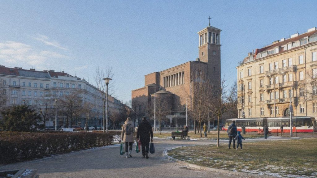 Habitants traversant la place Jiřího z Poděbrad à Prague près de l’église du Sacré-Cœur pendant une matinée d’hiver.