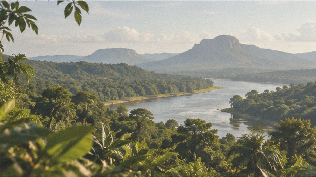 Vallée verdoyante traversée par un fleuve et entourée de montagnes, évocation de l’Eldorado dans Candide.