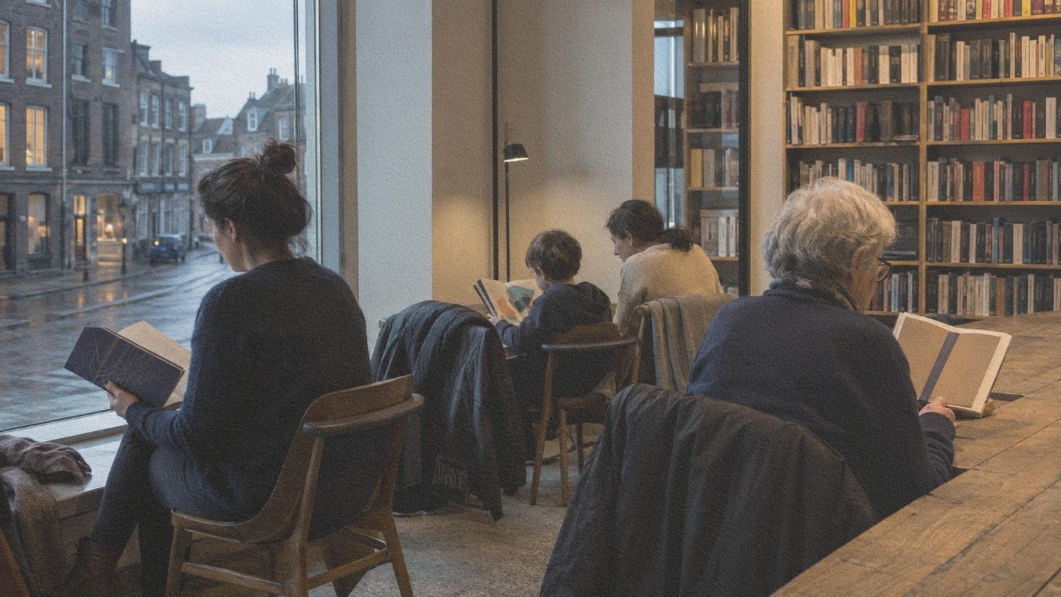 Lecteurs de plusieurs générations plongés dans différents livres pendant un après-midi d’hiver