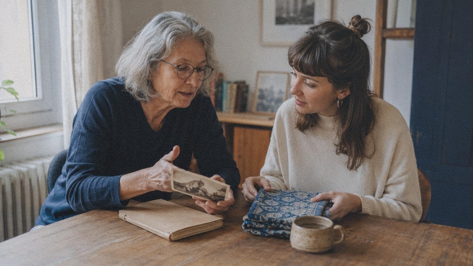 Deux générations réunies autour d’une table examinent une photographie, un carnet manuscrit et un textile transmis dans la famille.