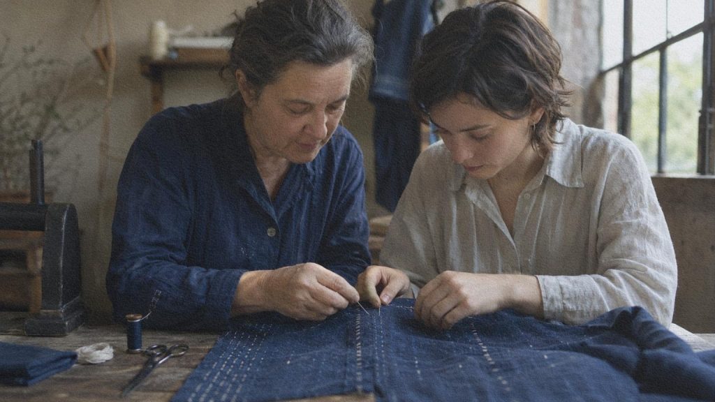 Une artisane montre un geste textile précis à une personne plus jeune dans un atelier contemporain en activité.
