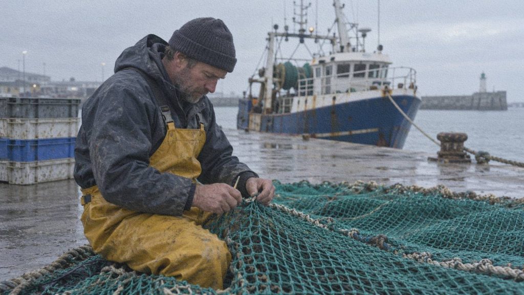 Travailleur réparant un filet sur le port de pêche de Boulogne-sur-Mer.