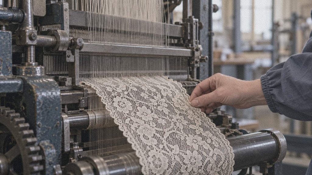 Dentelle ivoire en cours de fabrication sur un métier Leavers à Calais.