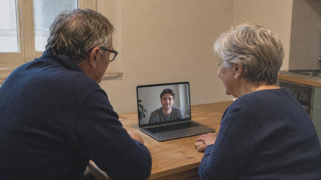 Une famille italienne échange par appel vidéo avec un proche installé à l’étranger.