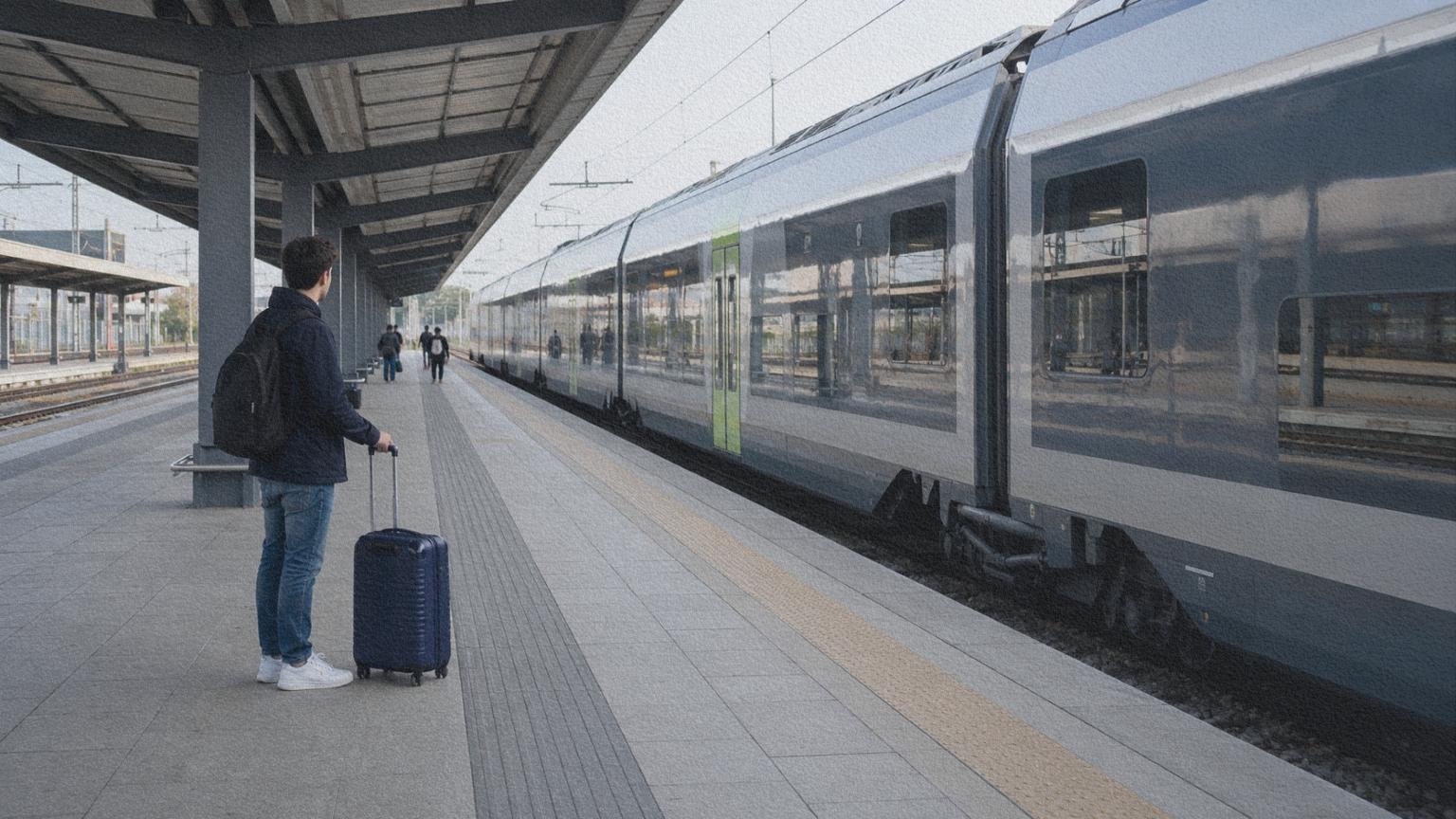 Un jeune adulte muni d’une valise attend un train dans une gare italienne contemporaine.