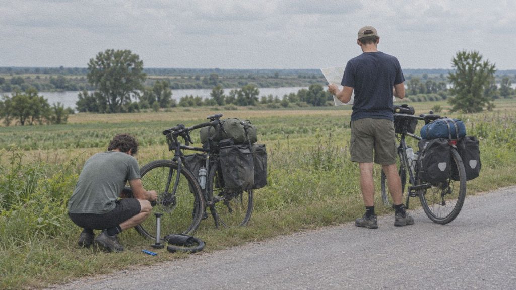 Deux voyageurs réparent un vélo chargé de bagages au bord d’une route