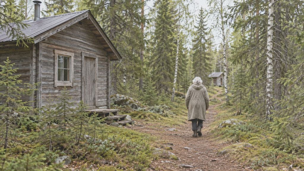 Une femme âgée marche sur un sentier entre deux cabanes en bois