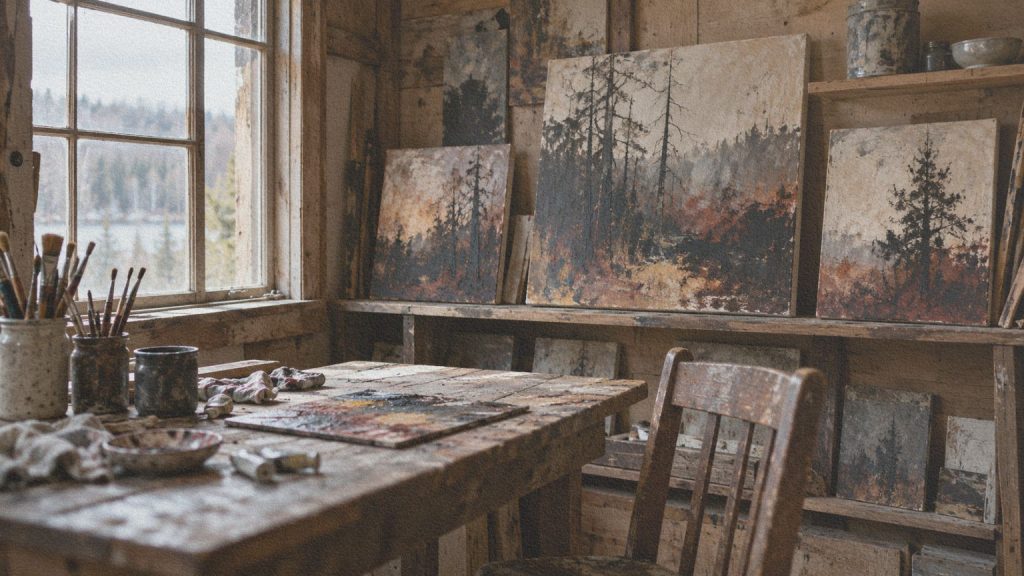 Des peintures de forêts sombres sont posées dans un atelier en bois