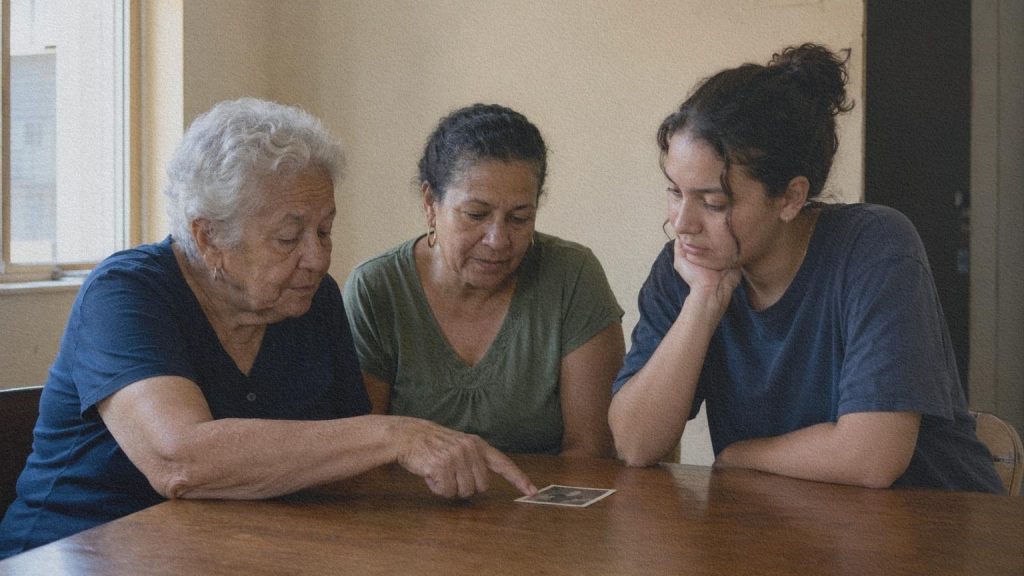 Une femme âgée et une jeune femme regardent une photographie familiale tandis qu’une troisième génération les écoute.