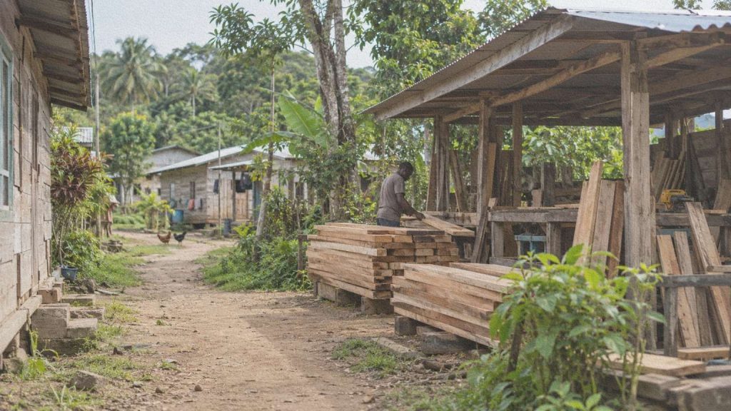 Un homme travaille des planches dans un atelier ouvert près d’un chemin bordé de maisons
