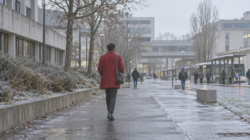 Un étudiant en manteau rouge marche vers des bâtiments universitaires un matin d’hiver