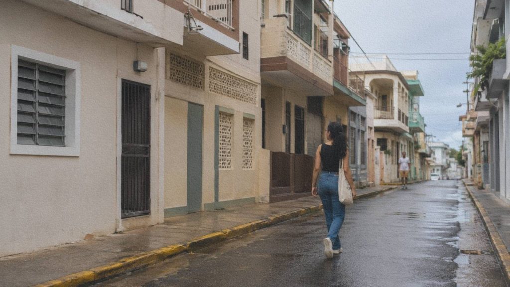 Une jeune femme marche dans une rue habitée de San Juan où se côtoient logements anciens et vie quotidienne.