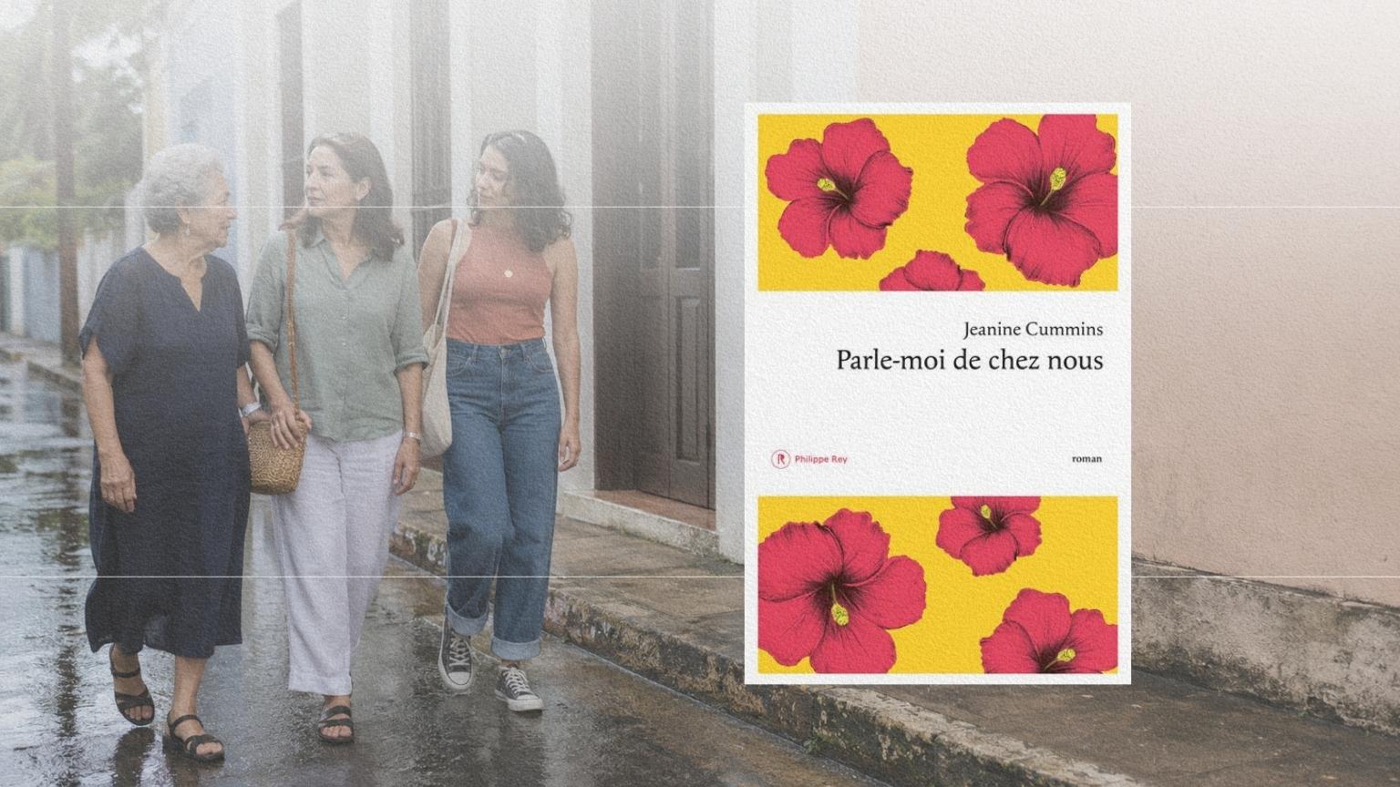 Trois femmes de générations différentes marchent ensemble dans une rue résidentielle de San Juan après la pluie.