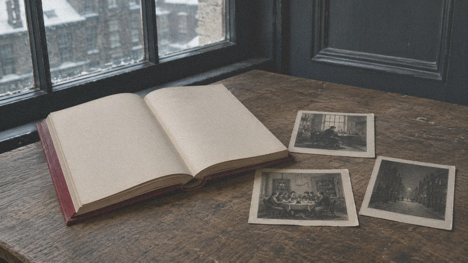 Livre ancien ouvert accompagné de trois gravures évoquant la mémoire, la famille et un avenir solitaire