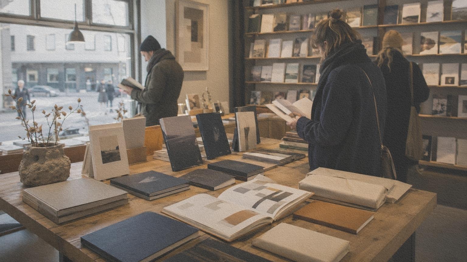 Lecteurs consultant des nouveautés et un catalogue de livres dans une librairie islandaise