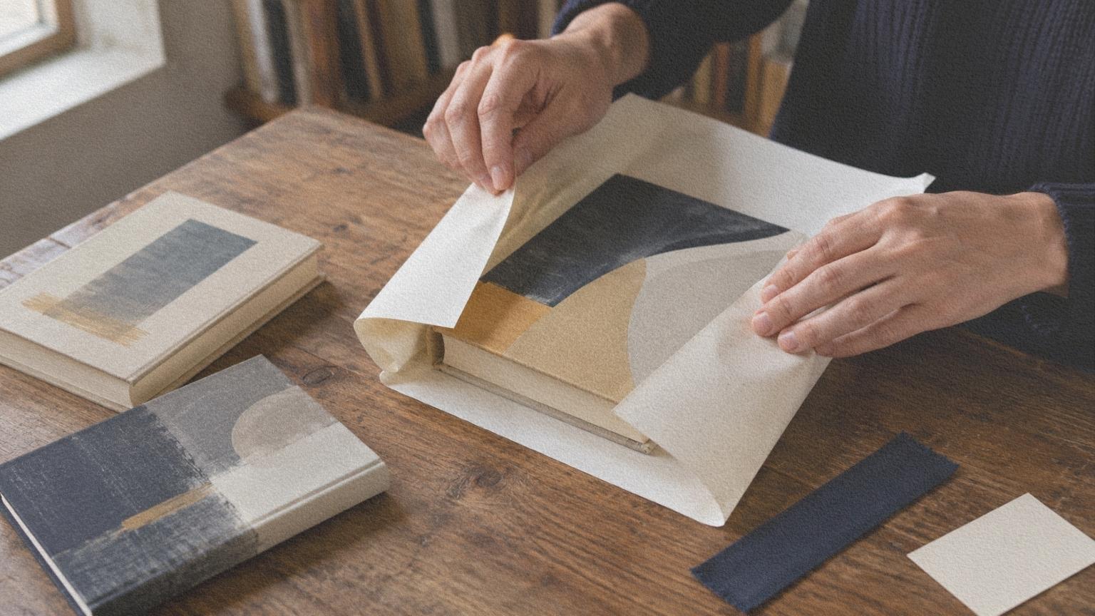 Mains enveloppant soigneusement un livre choisi parmi plusieurs ouvrages