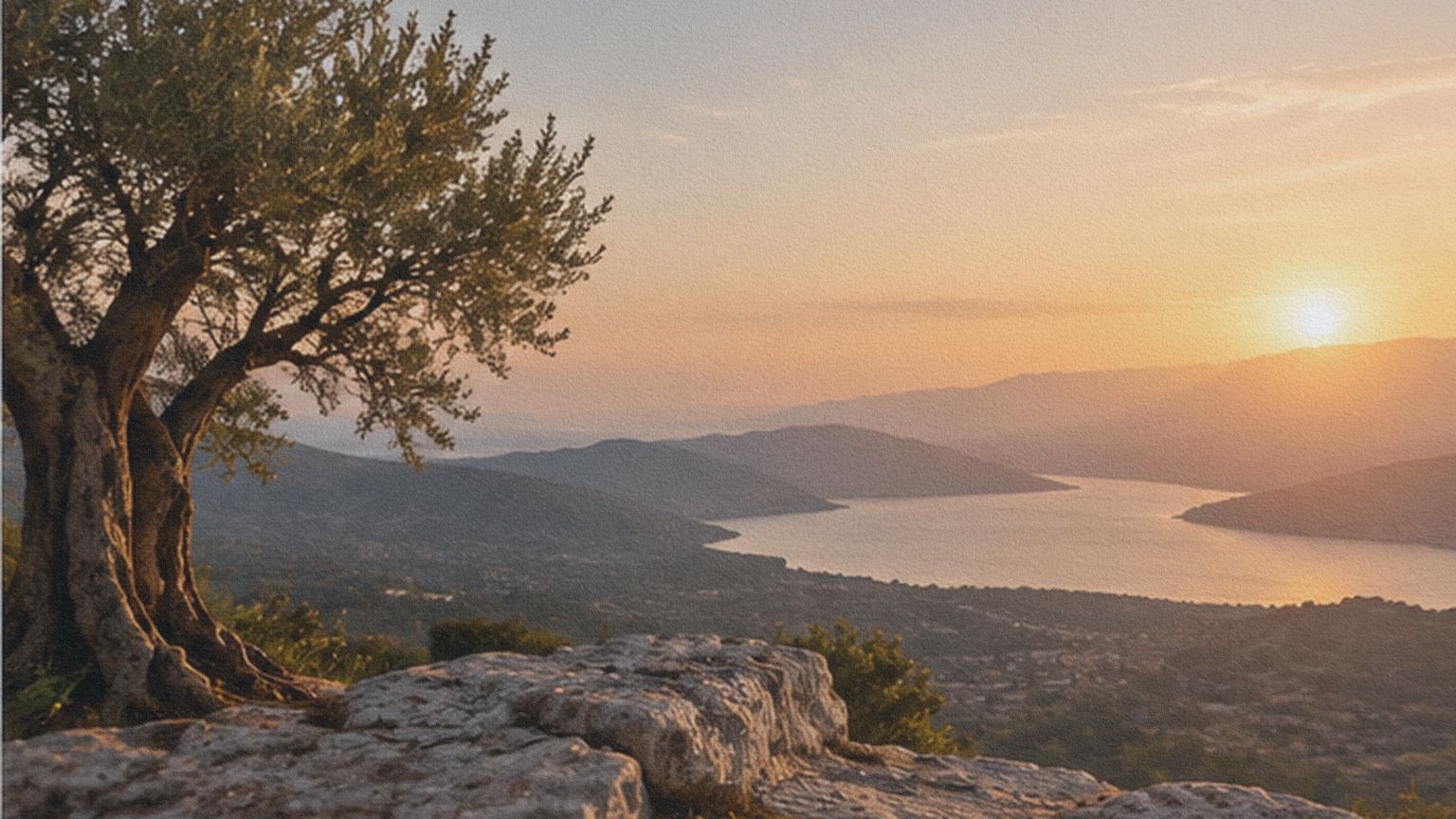Paysage de collines et de mer observé depuis un promontoire bordé d’un olivier.