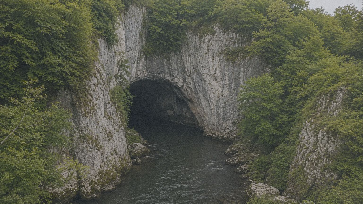 La rivière Reka s’enfonce entre les parois calcaires et la végétation à l’entrée des grottes de Škocjan, en Slovénie.